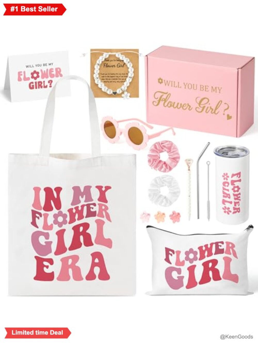 Flower Girl Proposal Gift Set Canvas Tote with Makeup Pouch Bracelet Keepsake